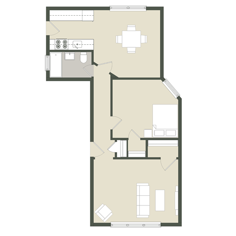 Floor plan for 1 bed, 1 bath, 585 sqft